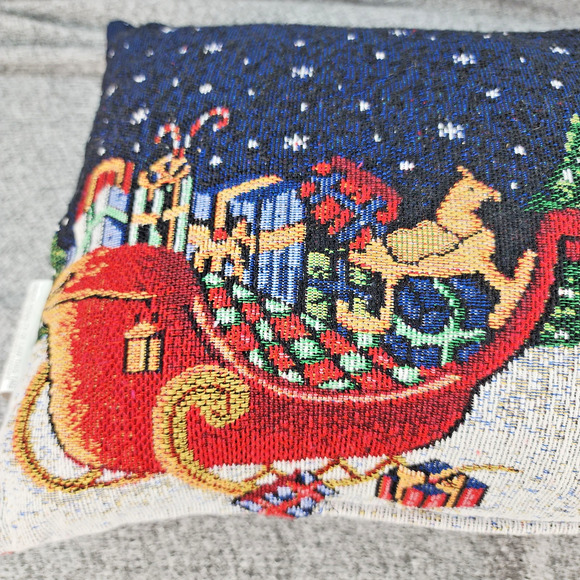 Christmas Tapestry Throw Pillow 16"x12" Blue Santa Sleigh Presents Ornaments Hol - Picture 8 of 12
